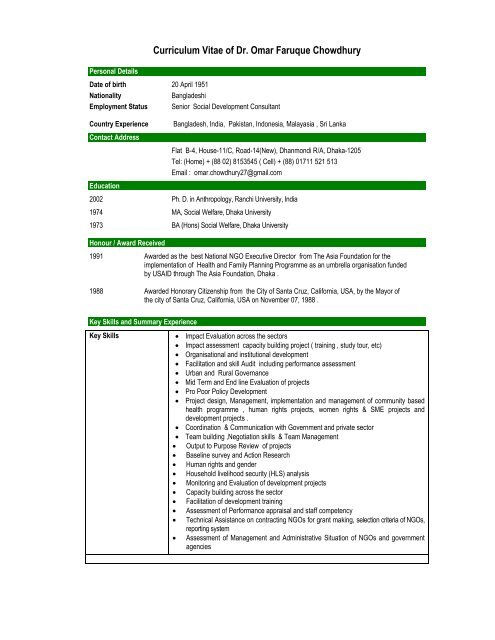 Curriculum Vitae of Dr. Omar Faruque Chowdhury - Coastal ...