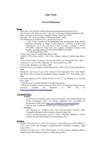 Jalal Toufic, List of Publications