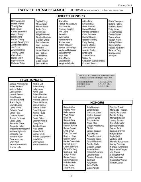 patriot honor rolls 1st semester