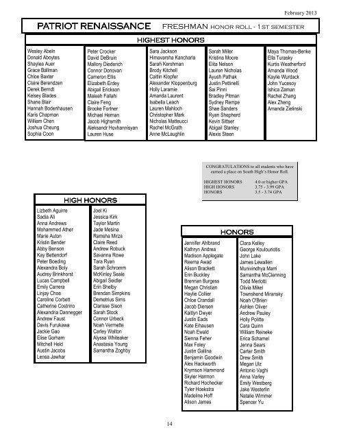 patriot honor rolls 1st semester