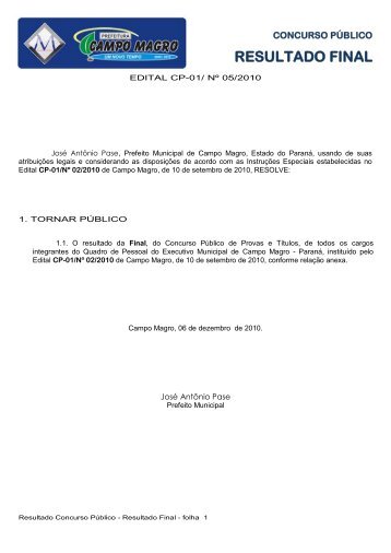 Resultado Final do Concurso Público (06/12/2010 - Voltar