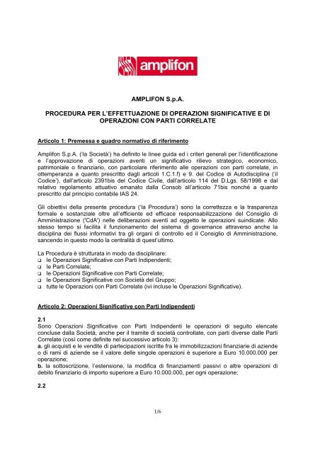 Procedura per l'effettuazione di operazioni significative ... - in Amplifon