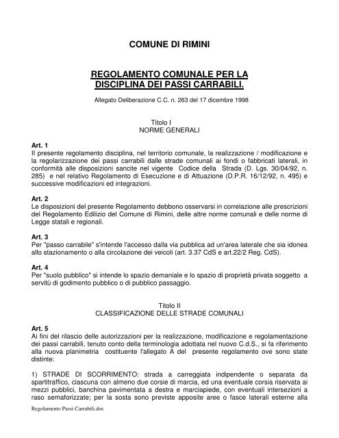 Regolamento per la disciplina dei passi Carrabili - Comune di Rimini