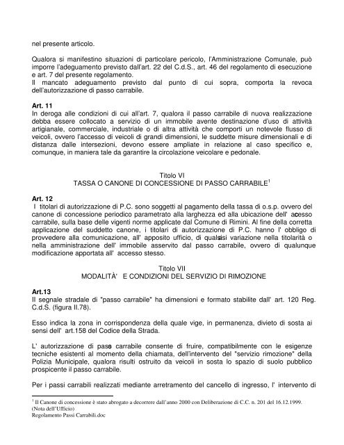 Regolamento per la disciplina dei passi Carrabili - Comune di Rimini