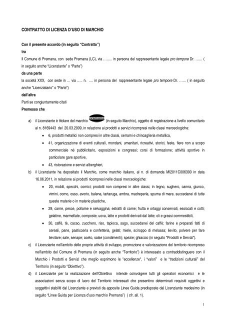 CONTRATTO DI LICENZA D'USO DI MARCHIO - Comune di Premana