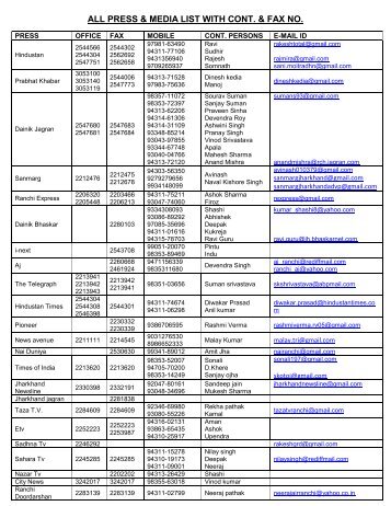 Press & Media List, Jharkhand