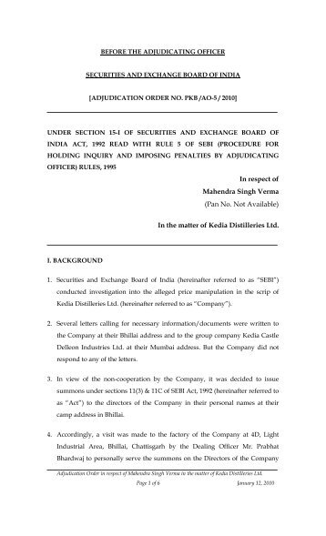 In the matter of Kedia Distilleries Ltd. - Securities and Exchange ...