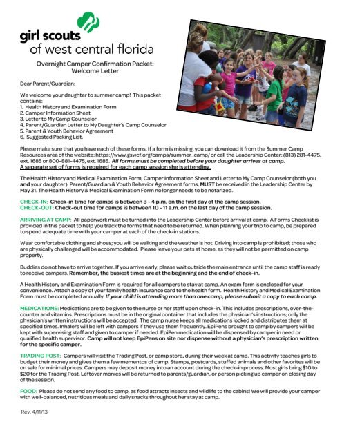 Overnight Camp Welcome Letter - Girl Scouts of West Central Florida