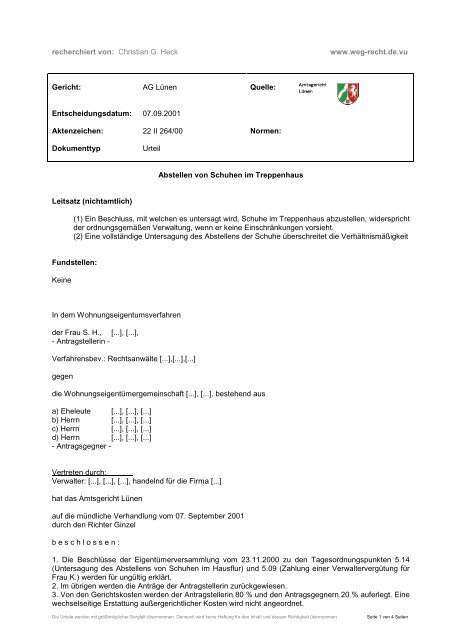 AG Lünen, Urteil v. 07.09.2001, Az. 22 II 264/00 - weg-recht