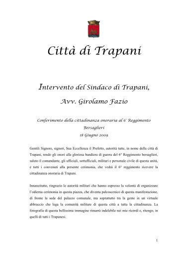 Discorso del Sindaco Avv. Girolamo Fazio - Bersaglieri Paceco