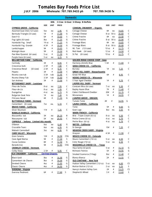 Tomales Bay Foods Price List - Om Organics