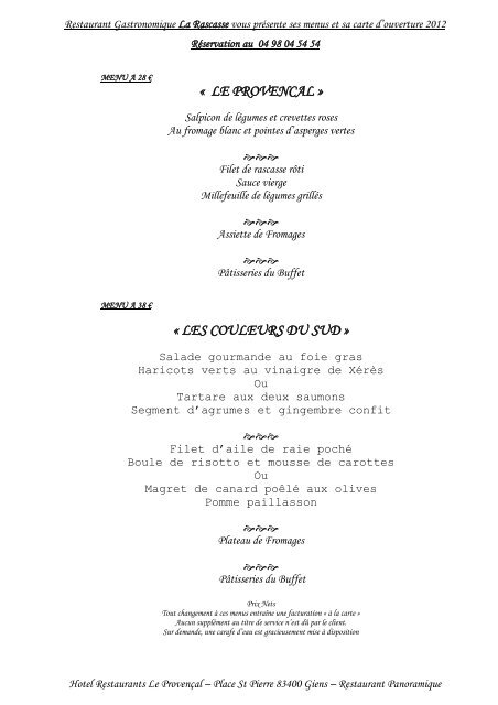 MENU A 27 € - hotel le provencal giens