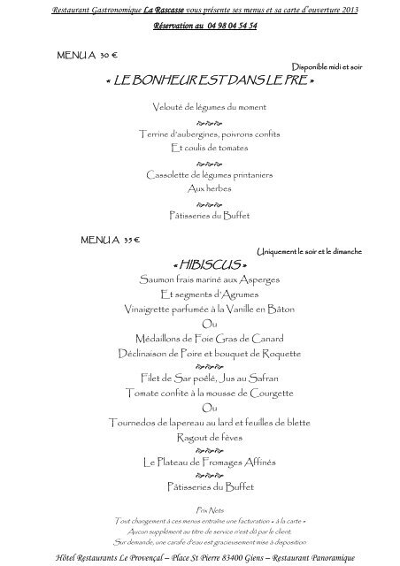 Carte du restaurant La Rascasse - hotel le provencal giens