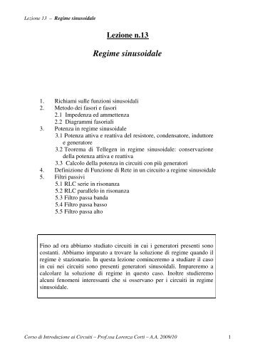 Lezione 13 - Regime sinusoidale e filtri - Elettrotecnica