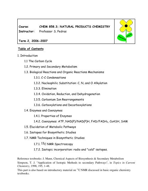 Course: CHEM 858.3; NATURAL PRODUCTS CHEMISTRY Instructor