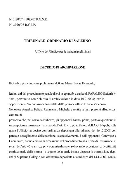 TRIBUNALE ORDINARIO DI SALERNO - Il Blog di Carlo Vulpio