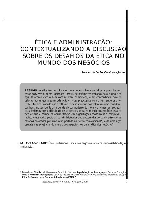 ÉTICA E ADMINISTRAÇÃO: CONTEXTUALIZANDO A ... - Unama