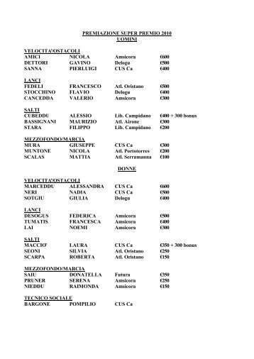 L'elenco dei Premiati - Fidal Sardegna