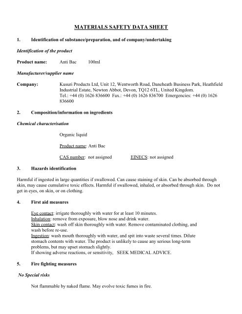 Kusuri Anti Bac Materials Safety Data Sheet - Kusuri Products