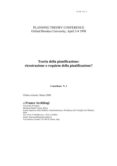 Teoria della pianificazione - Prof. Franco Archibugi