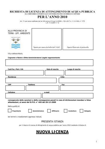 RICHIESTA DI LICENZA DI ATTINGIMENTO - Provincia di Terni