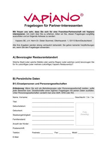 Fragebogen für Partner-Interessenten - Vapiano