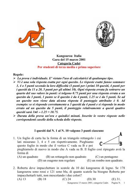 Kangourou Italia Gara del 15 marzo 2001 Categoria Cadet Per ...