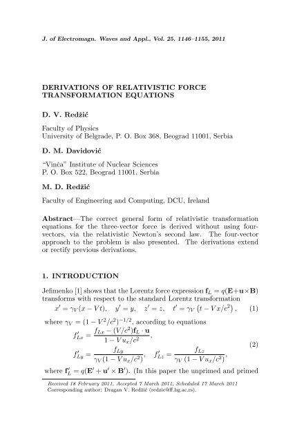 Derivations Of Relativistic Force Doras Dcu