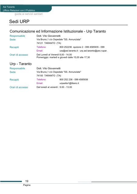 Guida ai servizi di ASL Taranto - Portale Regionale della Salute