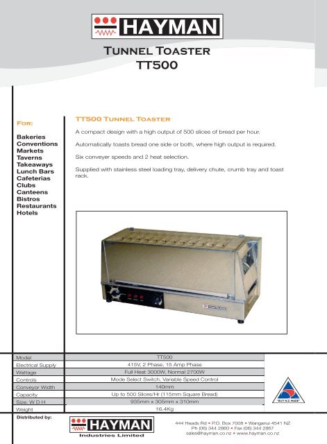 TT500 tunnel toaster - flyer - Hayman