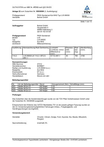 GUTACHTEN zur ABE Nr. 47312 nach §22 StVZO ... - onlineraeder.de