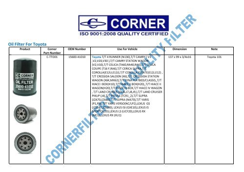 Oil Filter For Toyota