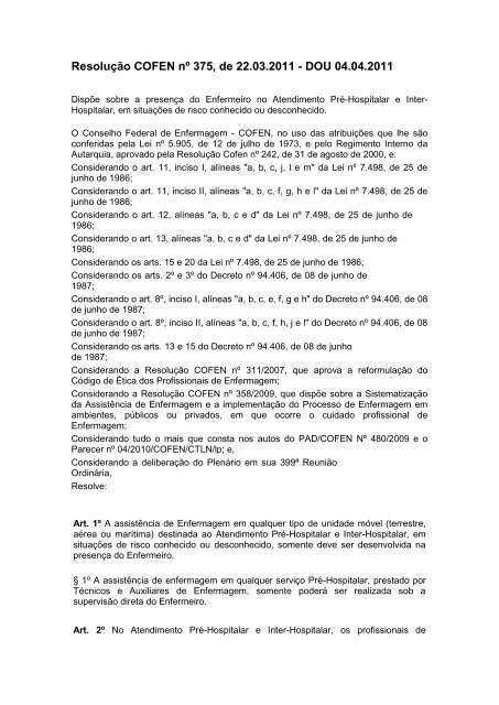 Resolução COFEN nº 375, de 22.03.2011 - DOU 04.04 ... - Sindhosp