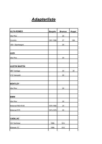 Adapterliste aller Kfz-Hersteller für unsere ... - Autec-24.de