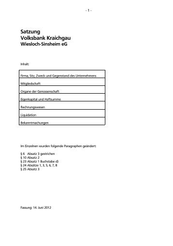 Satzung - Volksbank Kraichgau Wiesloch-Sinsheim eG