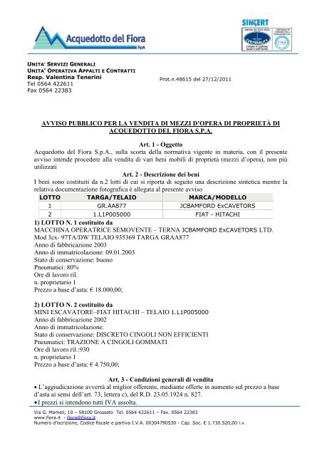 Avviso Vendita Terne doc - Acquedotto del Fiora S.p.A.