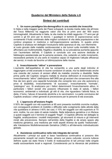 Sintesi Quaderno n. 6 - Quaderni del Ministero della Salute