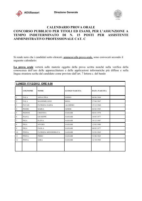 CALENDARIO PROVA ORALE CONCORSO ... - Aou Sassari