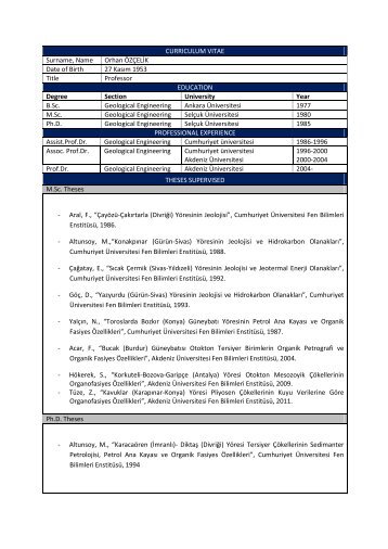 CURRICULUM VITAE Surname, Name Orhan ÖZÇELİK Date of ...