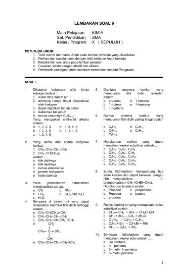 LEMBARAN SOAL 6 Mata Pelajaran : KIMIA Sat. Pendidikan : SMA ...