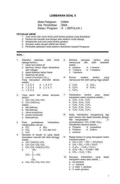 LEMBARAN SOAL 6 Mata Pelajaran : KIMIA Sat. Pendidikan : SMA ...