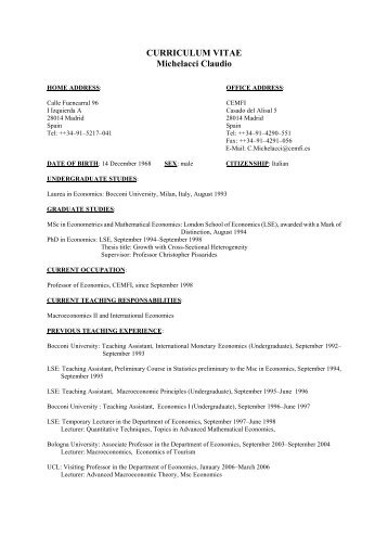 CURRICULUM VITAE Michelacci Claudio - Cemfi