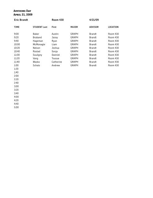 Design advising schedule - MCAD Intranet