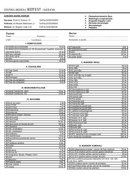 CENTRUL MEDICAL BIOTEST- SUCEAVA Pacient Doctor