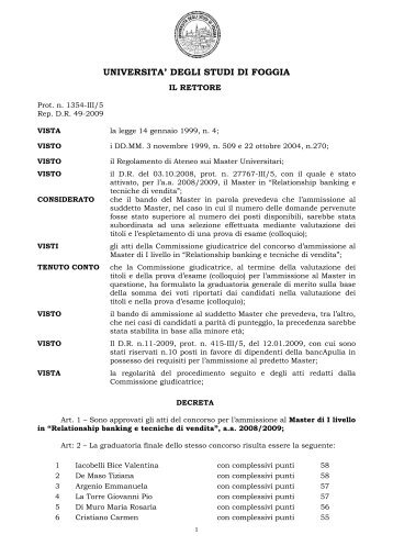 Graduatoria finale e Canditati ammessi - Università degli Studi di ...