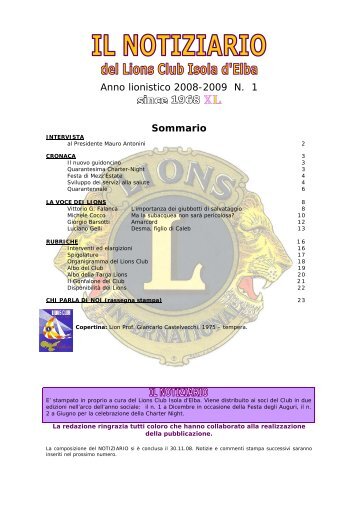 NOTIZIARIO n° 1 2008-2009 - Lions Club Isola d'Elba