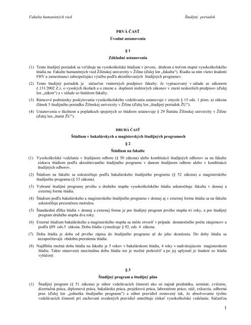 Študijný poriadok FHV - Fakulta humanitných vied