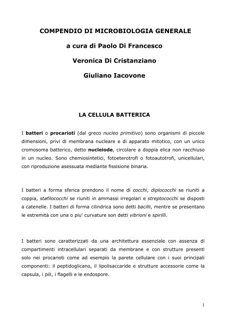 COMPENDIO DI MICROBIOLOGIA GENERALE a cura di Paolo Di ...