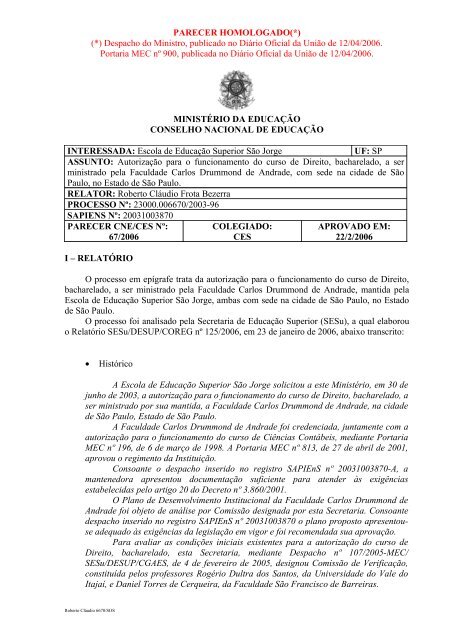 Parecer CNE/CES nº 67/2006, aprovado em 22 de fevereiro de 2006