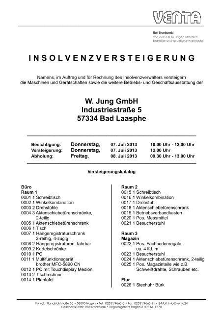 insolvenzversteigerun g - VENTA Industrieversteigerungen GmbH